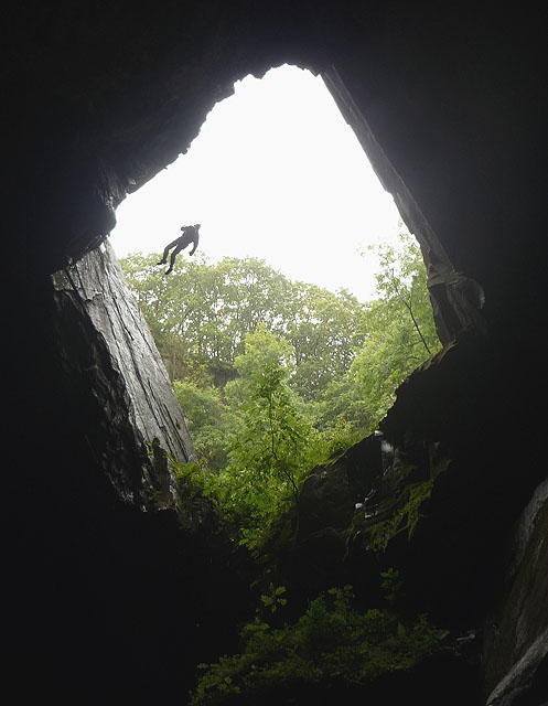Karl and Ali · CC BY-SA 2.0 · https://creativecommons.org/licenses/by-sa/2.0 · https://commons.wikimedia.org/wiki/File:Abseiling_into_Cathedral_Quarry_-_geograph.org.uk_-_2601082.jpg An abseiler descending into Cathedral Quarry in the Lake District