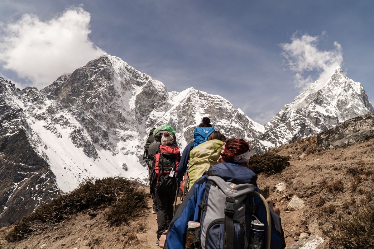 A trekking group following a Himalayan trail below snow-covered peaks