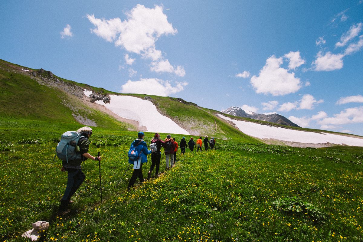 Dmitriy Ryndin · Pexels License · https://www.pexels.com/license/ · https://www.pexels.com/photo/35014163/ A walking group following a mountain trail through green upland terrain