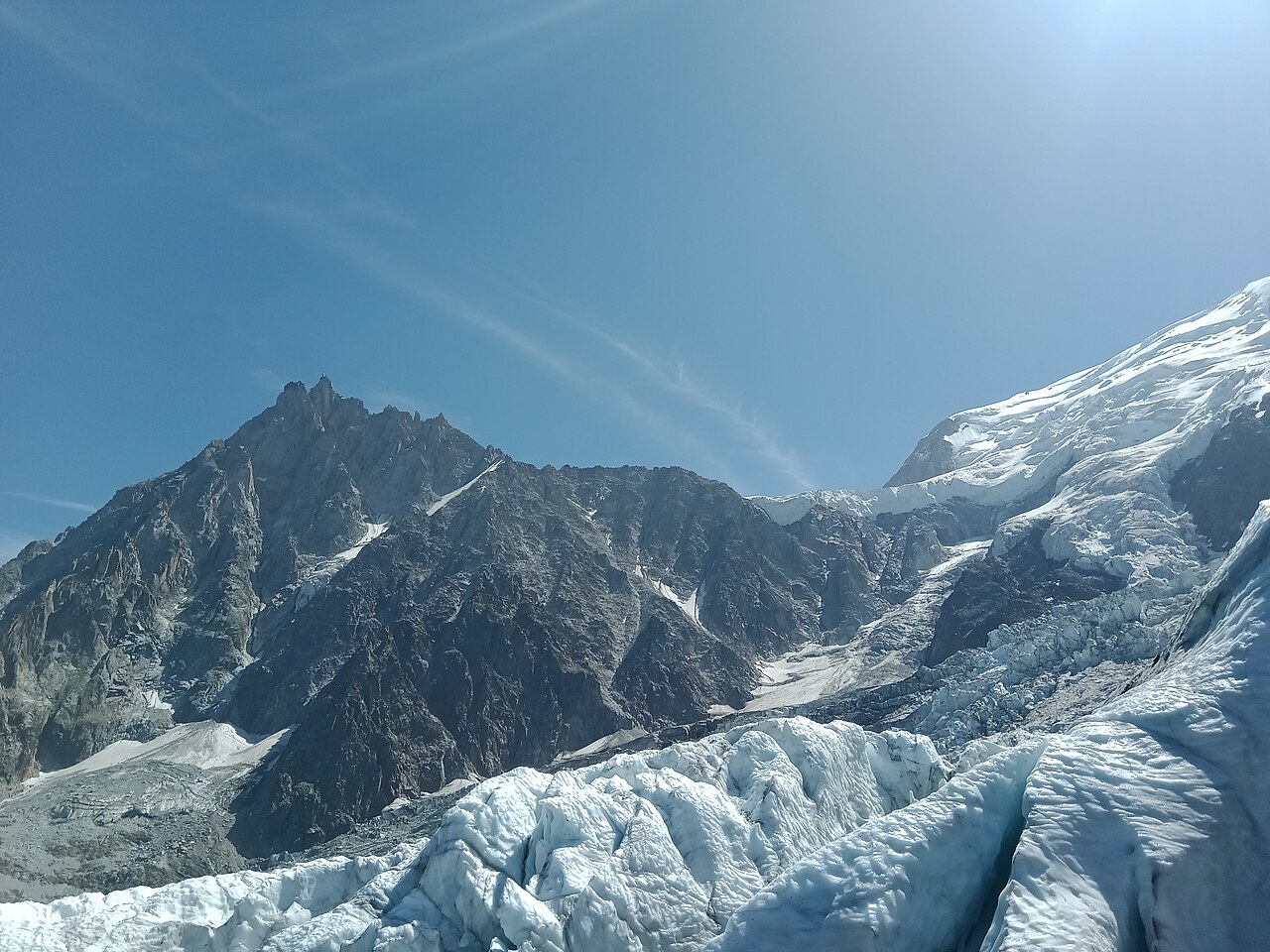 Rémih · CC BY-SA 4.0 · https://creativecommons.org/licenses/by-sa/4.0 · https://commons.wikimedia.org/wiki/File:Ar%C3%AAte_des_Cosmiques_@_La_Jonction_01.jpg · Displayed cropped to fit The Cosmiques Ridge above the Bossons glacier.