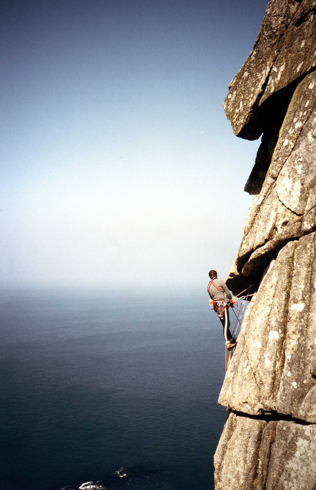 Tony Buckley · CC BY 2.0 · https://creativecommons.org/licenses/by/2.0 · https://commons.wikimedia.org/wiki/File:Hanging_Belay_on_Bow_Wall,_Bosigran.jpg · Displayed cropped to fit A belay stance on a longer route at Bosigran.