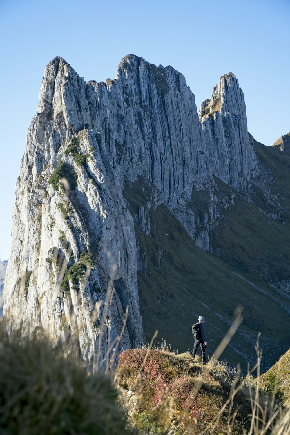 A walker on a grassy mountain ridge in snow-free conditions