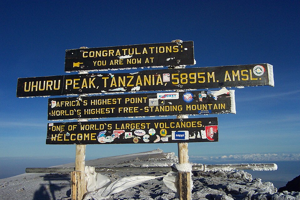 Uhuru Peak summit sign on Mount Kilimanjaro, Tanzania