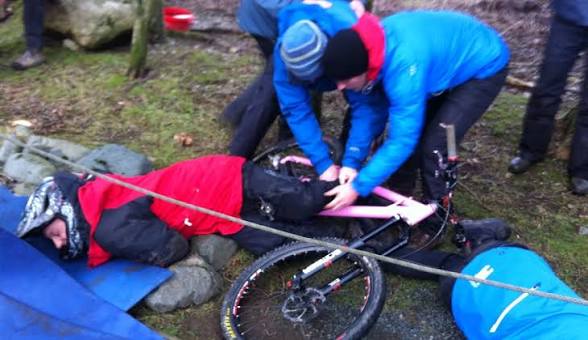 An outdoor casualty-assessment exercise with a mountain bike scenario